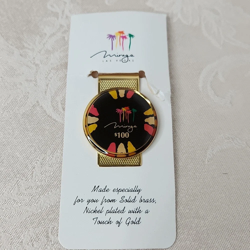 Mirage Las Vegas brass gold money clip $100 simulated poker chip